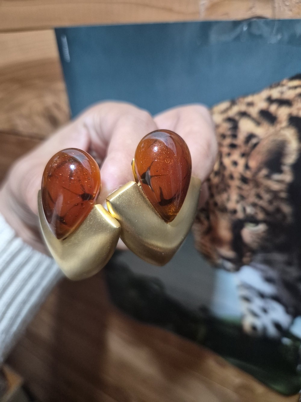 Vintage Gold and Amber Teardrop Clip Earrings